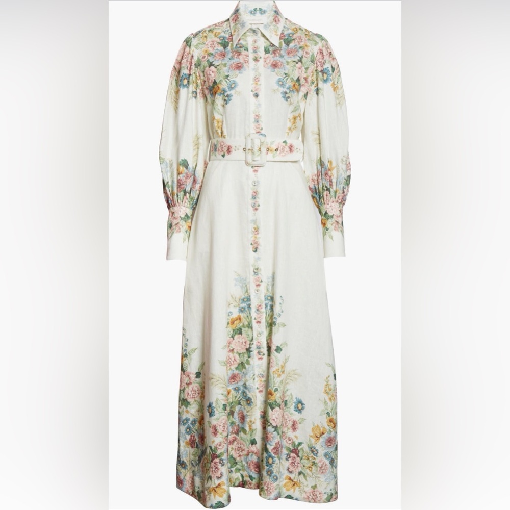 ZIMMERMANN 0
Wavelength Floral Puff-sleeve Belted Linen Maxi Shirtdress In White